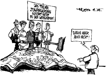 Karikatur: Zuwanderung unterm Teppich